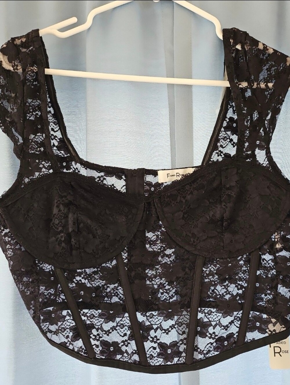 Faded Rose Black Sheer Lace Bustier Corset Crop Top – Size L NWT